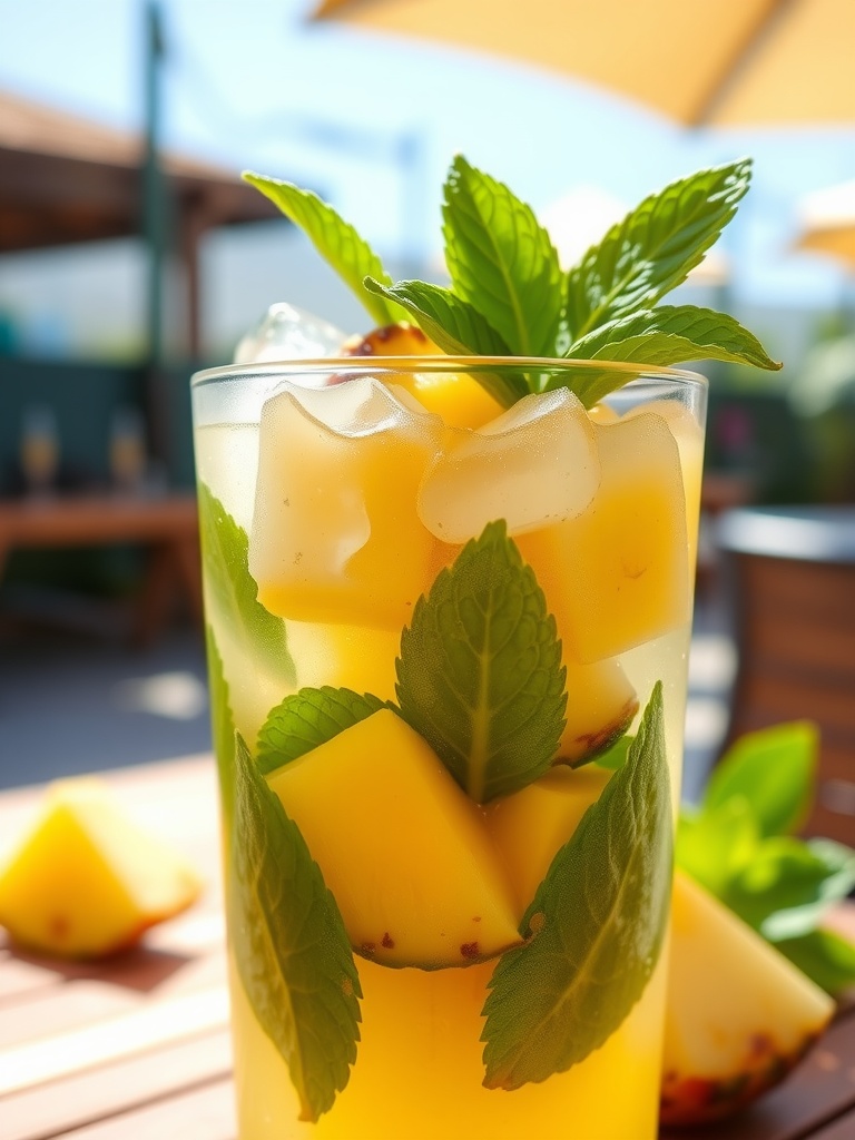 A chilled glass of pineapple mojito garnished with mint and pineapple, surrounded by a bright and sunny outdoor setting.